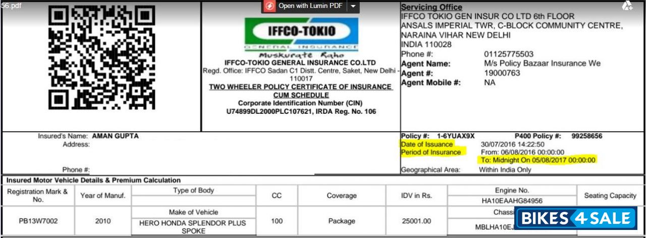 hero splendor insurance