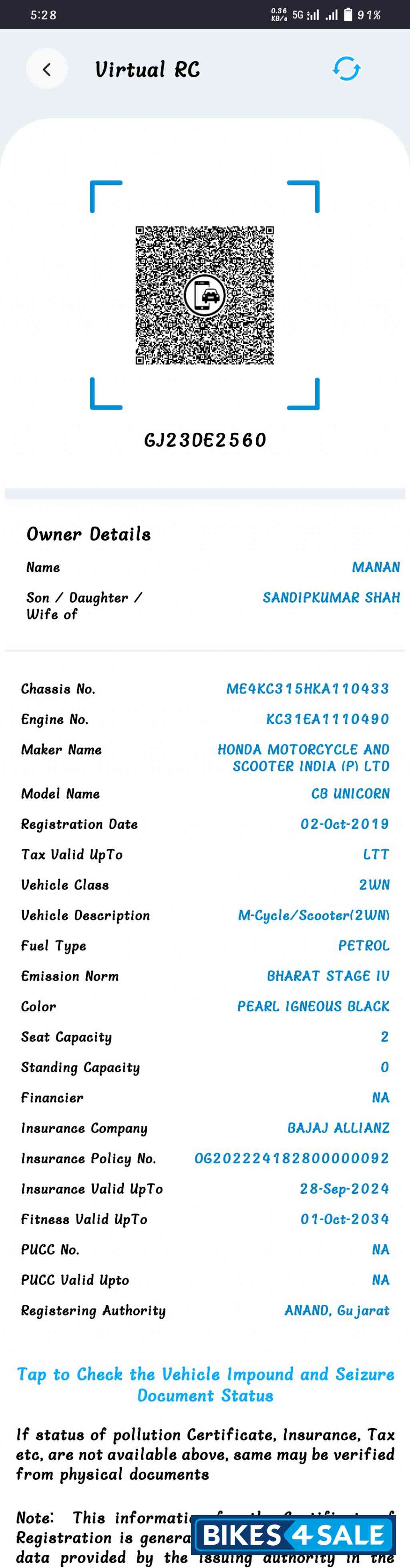 Pearl Igneous Black Honda CB Unicorn