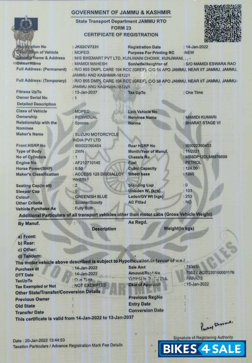 Greenish Blue Suzuki Access 125 Special Edition BS6